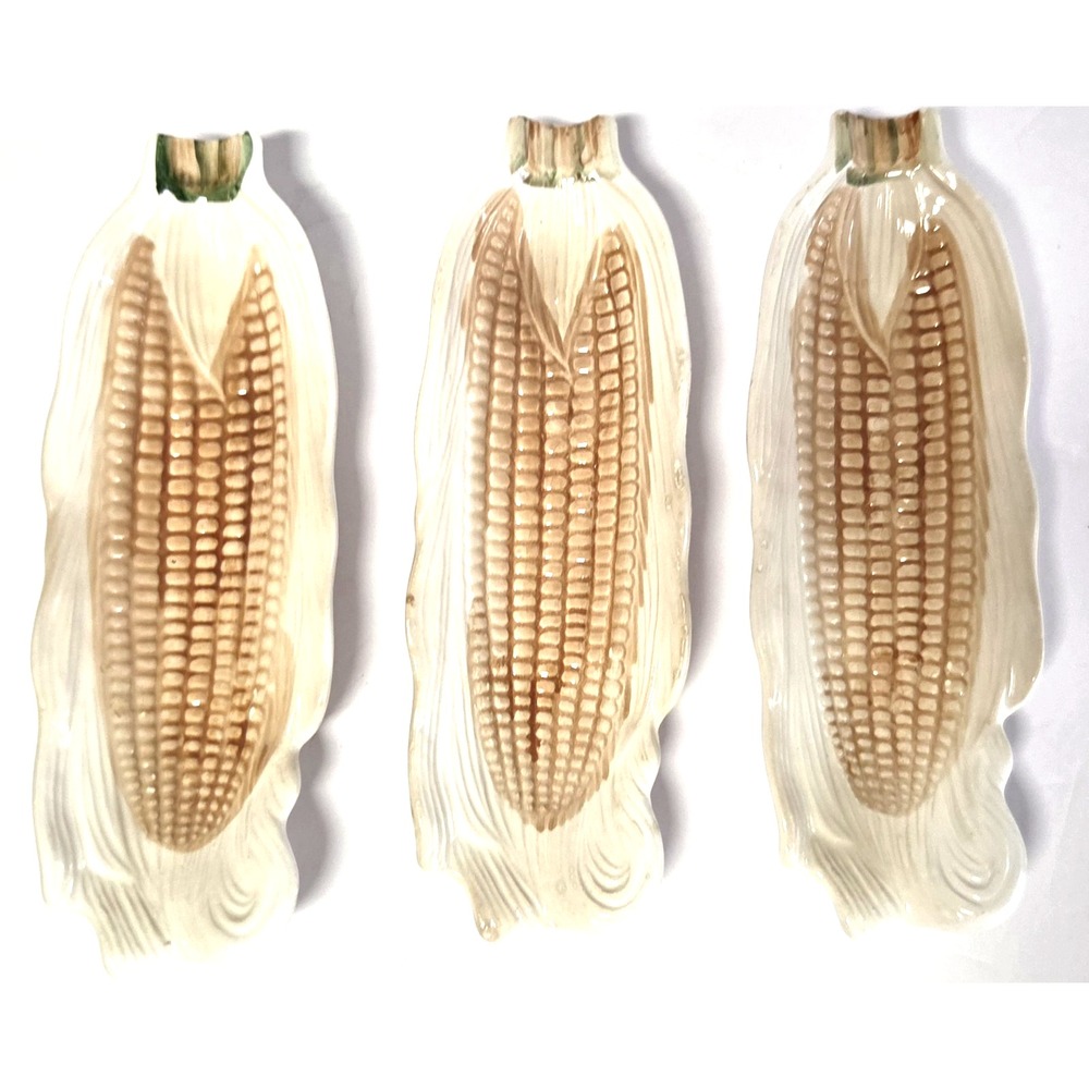 VTG (3) Corn Plate Boats Ivory/Yellow/Green Ceramic Painted Soft Coloring 9.5" L
